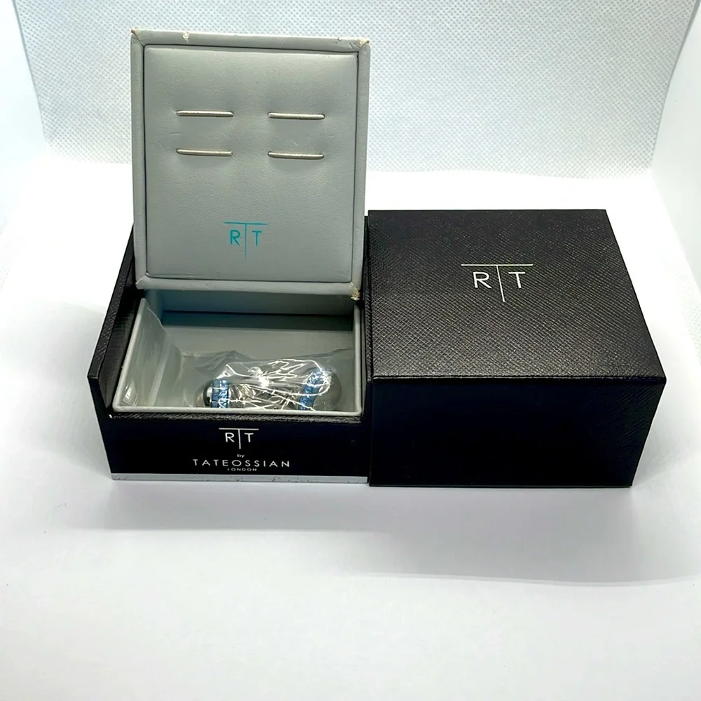 R|T by Robert Tateossian London Swarovski Blue Crystal Cufflinks Rhodium w Box